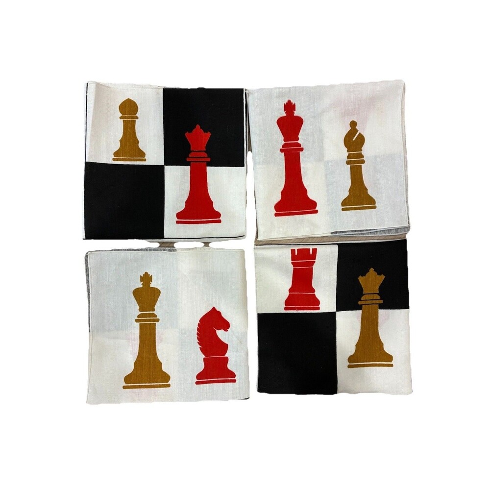 Set of 4 Vintage Linen Cloth Napkins Chess Themed Game Night